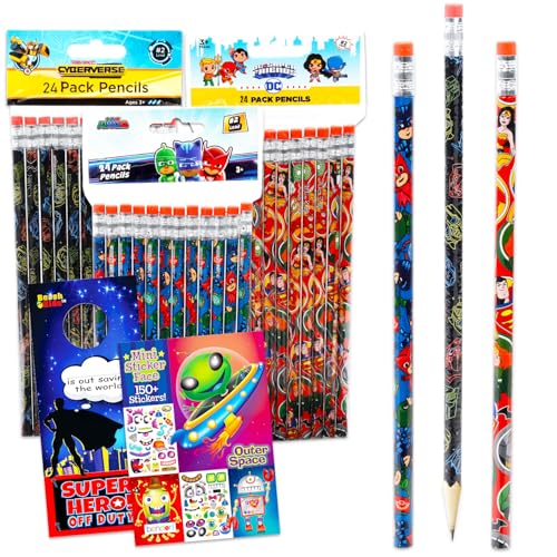 Bulk Pencils for Boys Classroom - Bundle with 72 Pencils for Preschool Kindergarten Classroom Prize Box Featuring Transformers, DC Super Friends, PJ Masks | Toddler Party Favors and Supplies