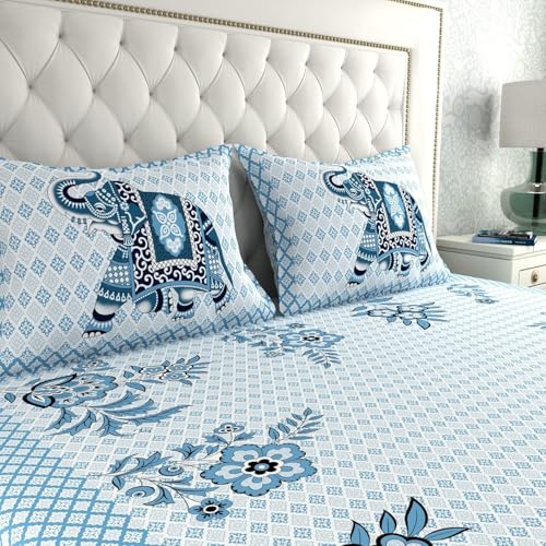 Image of La Verne 140 TC 100% Cotton King Size Jaipuri Rajasthani Print Bedsheet with 2 Pillow Covers
