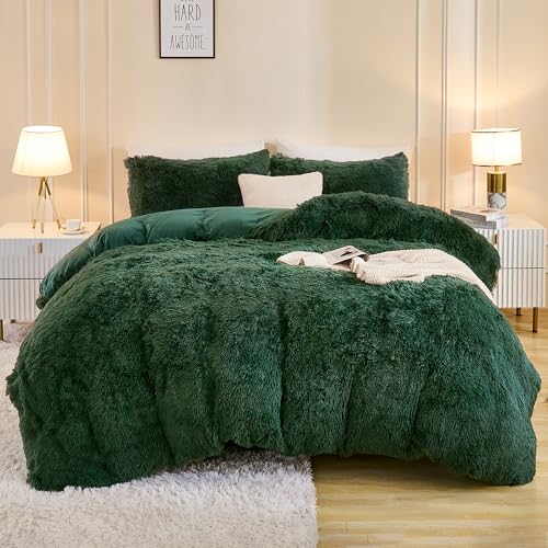 Andency Fluffy Emerald Green Comforter Set King Size, 3 Pieces Winter Faux Fur Warm Soft Fuzzy Plush Bedding Comforter Set (1 Velvet Comforter & 2 Pillowcases), Thick Heavy Puffy Comfy Bedding Set