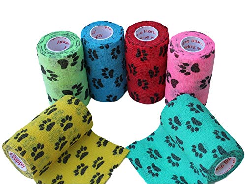 Image of Prairie Horse Supply 4 Inch Vet Wrap Tape Bulk (Paw Prints Variety) (Pack of 12) Self Adhesive Adherent Adhering Flex Bandage Grip Roll for Dog Cat Pet