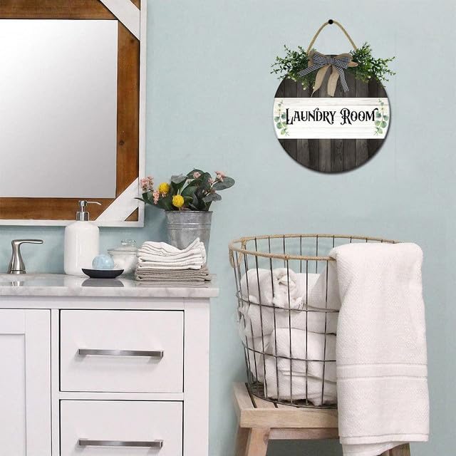Bidesign Rustic Laundry Room Sign, 12IN Wooden Round Decor, Wash Room Wall Art, Eucalyptus Decoration