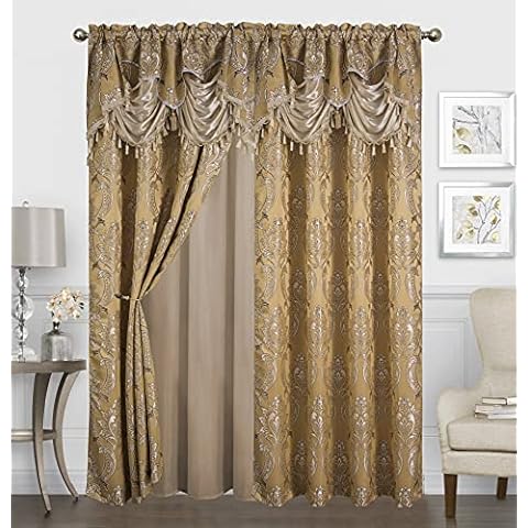 Sapphire Home Jacquard Curtain Drape Set - 2 Panels w/Attached Valance, Matching Tassels, and Sheer Backing - Elegant Damask Floral Window Collection Perfect for Bedroom and Living Room (Gold, 95") Cover