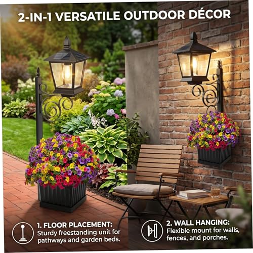 Poste de lámpara solar 2 en 1 con macetero negro impermeable IP65 para jardín 6