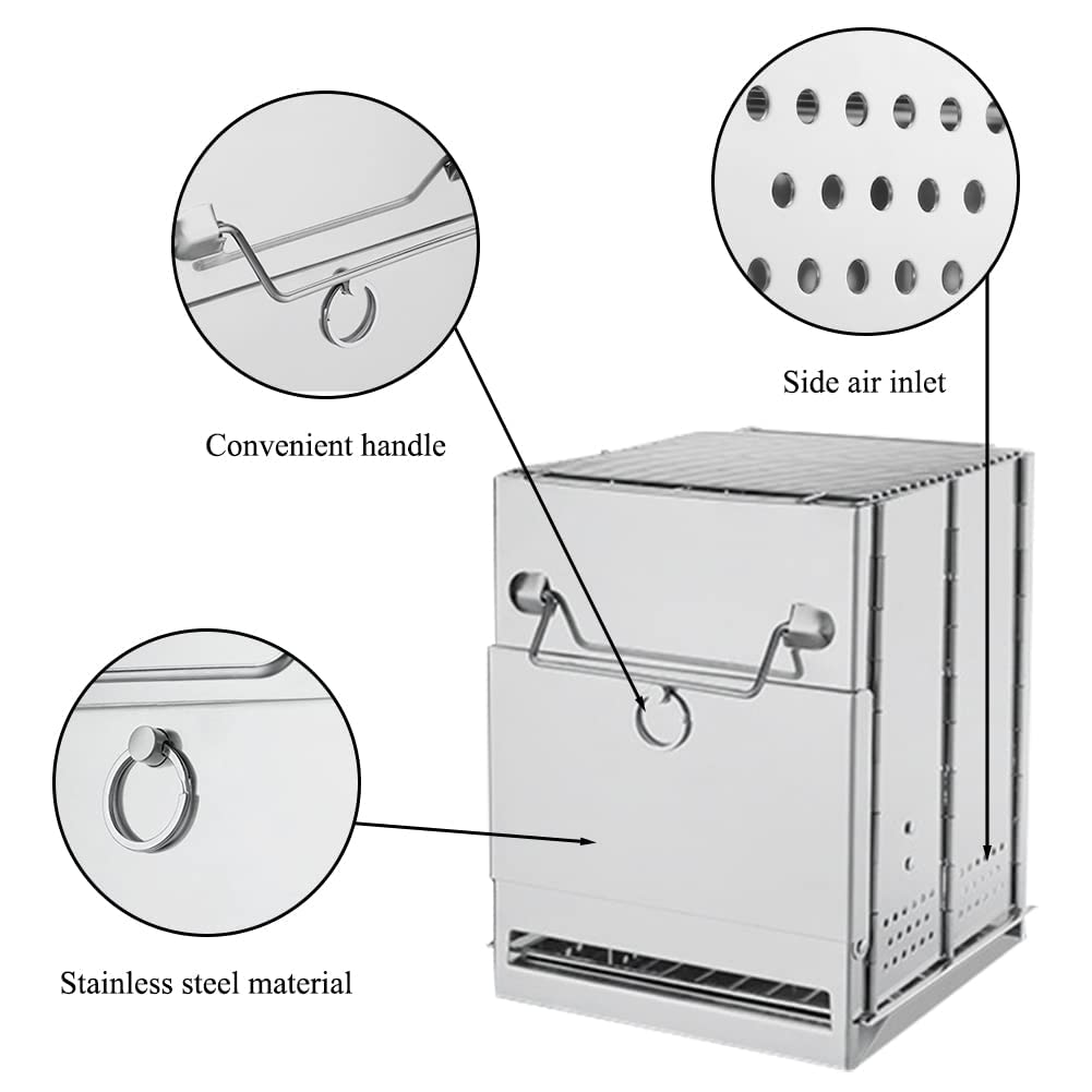 Réchaud de camping en bois pliable portable avec sac de transport pour activités de plein air, randonnée, pique-nique, survie en plein air pendant la cuisine, la randonnée et la chasse (argent)