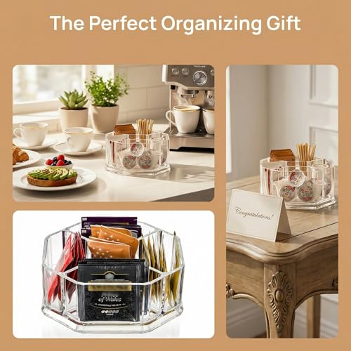 Image of Hiceeden Acrylic Tea Bag Organizer, 5 Compartment Sugar Packets Holder Divided Coffee Condiment Storage Caddy Box for Kitchen Cabinet, Countertop, Tabletop