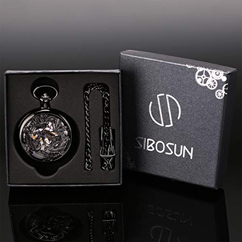 Image of SIBOSUN Mechanical Pocket Watches Mens Lucky Phoenix and Dragon Skeleton Pocket Watch Black Antique Roman Numerals Box