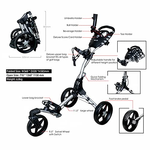 Accufli Trio Golf Cart With 360 Swivel Front Wheel, Quick Fold/Open (Silver) #TOP2
