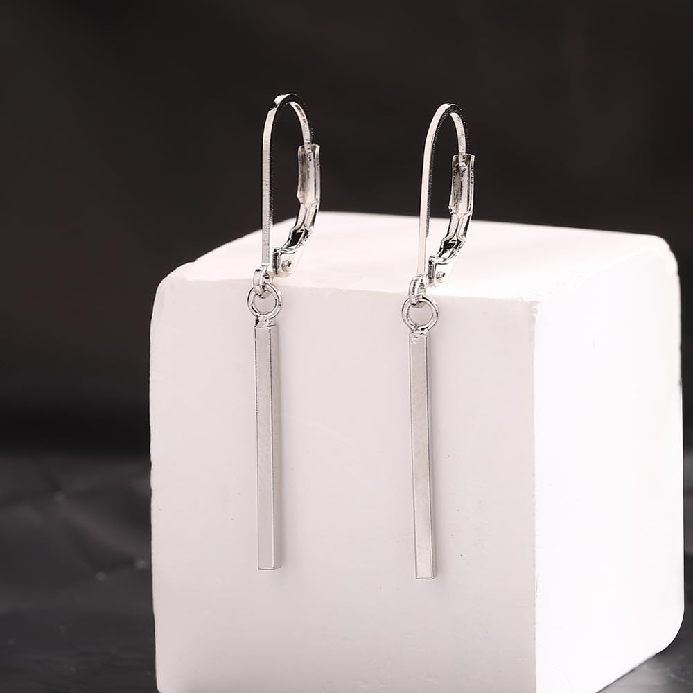 Silver bar dangle drop earrings for women,14K white gold plated dangle drop earrings for women hypoallergenic jewelry gifts - Image 2