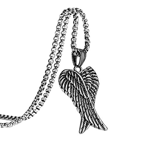 Herinos Man Stainless Steel Plated Angel Wings Retro Long Pendant Necklace Feather Chain 23.6