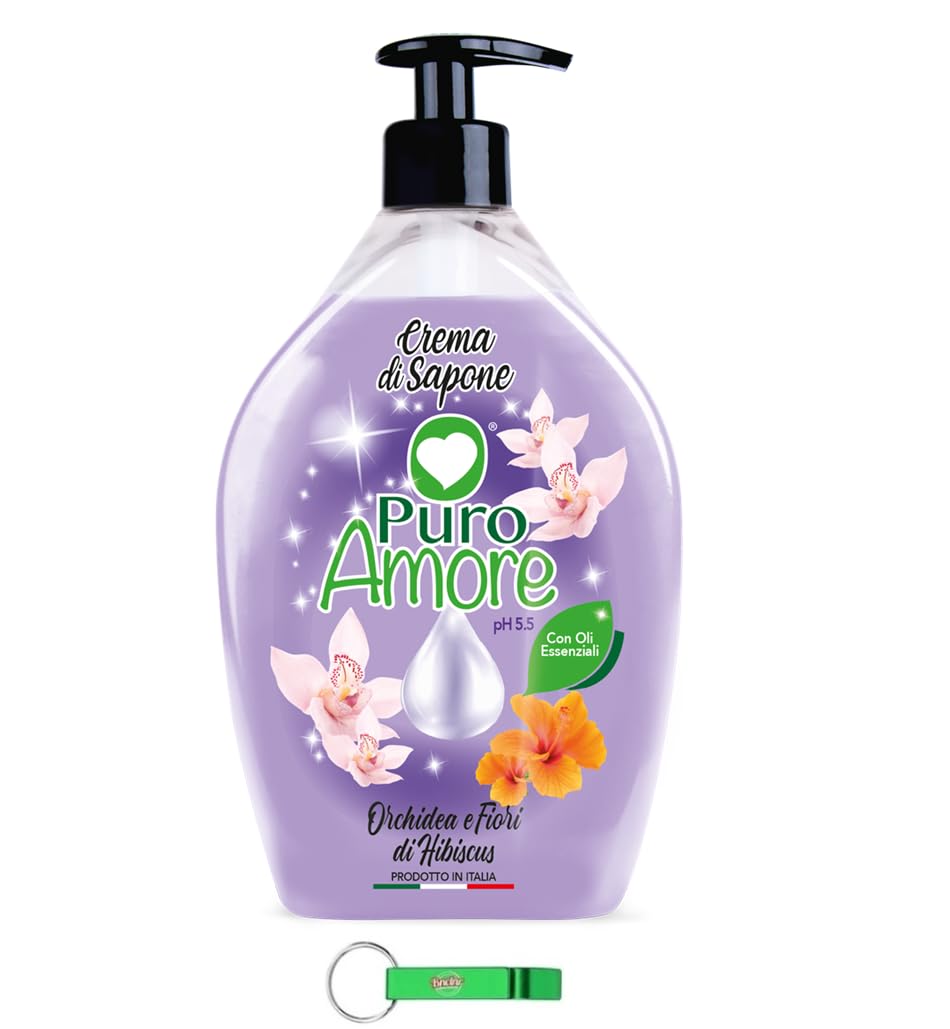 PURO AMORE - Jabón líquido Crema di Sapone (12 unidades, con orquídea y flores de hibisco, piel suave, lisa y aterciopelada, 750 ml, incluye llavero Beni Culinari gratuito)