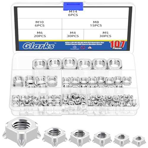 Glarks Juego de 107 tuercas cuadradas de soldadura M4, M5, M6, M8, M10, M14, cuadrados, plateados, chapados en zinc, UNC, tornillo de máquina de acero al carbono grueso, tuerca de soldadura, tuercas