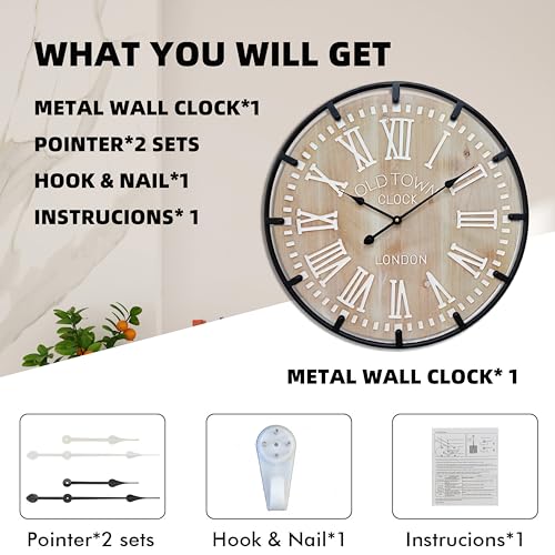 Large Farmhouse Rustic Wooden Wall Clock with Metal Frame and Large Engraved Numbers，Oversized Silent Retro Metal Wood Face Decorative Clock for Office Kitchen Bedroom Living Room (White, 30 inch) - image 6