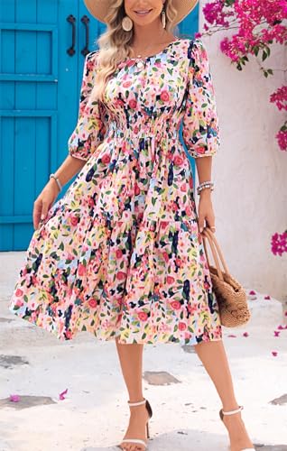 Kormei Women Casual Boho Floral Round Neck 3/4 Sleeve Smocked Waist Tiered A Line Flowy Swing Midi Dress Long Dresses4