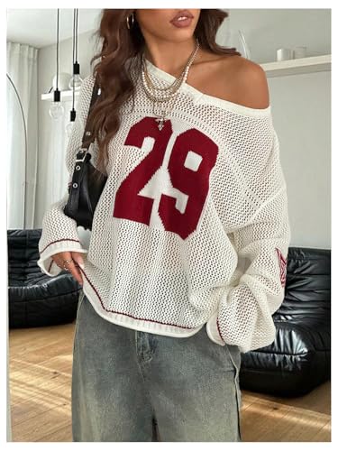 Women's Y2k Going Out Tops Oversized Jersey Shirt Graphic V Neck Crochet Pullover Sweater Long Sleeve Knit Tops3