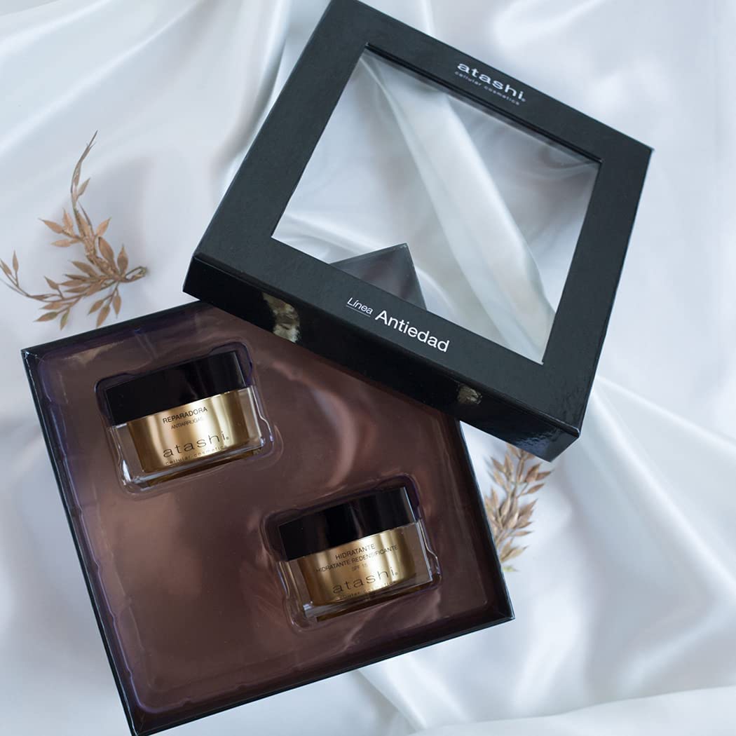 Atashi | Cofre Ritual Hidrata y Repara | Crema Hidratante Redensificante SPF15 + Crema Reparadora Antiarrugas | Con Gardenia, Perla Negra, Retinol y Spilanthol Activo | 50 ml + 50 ml