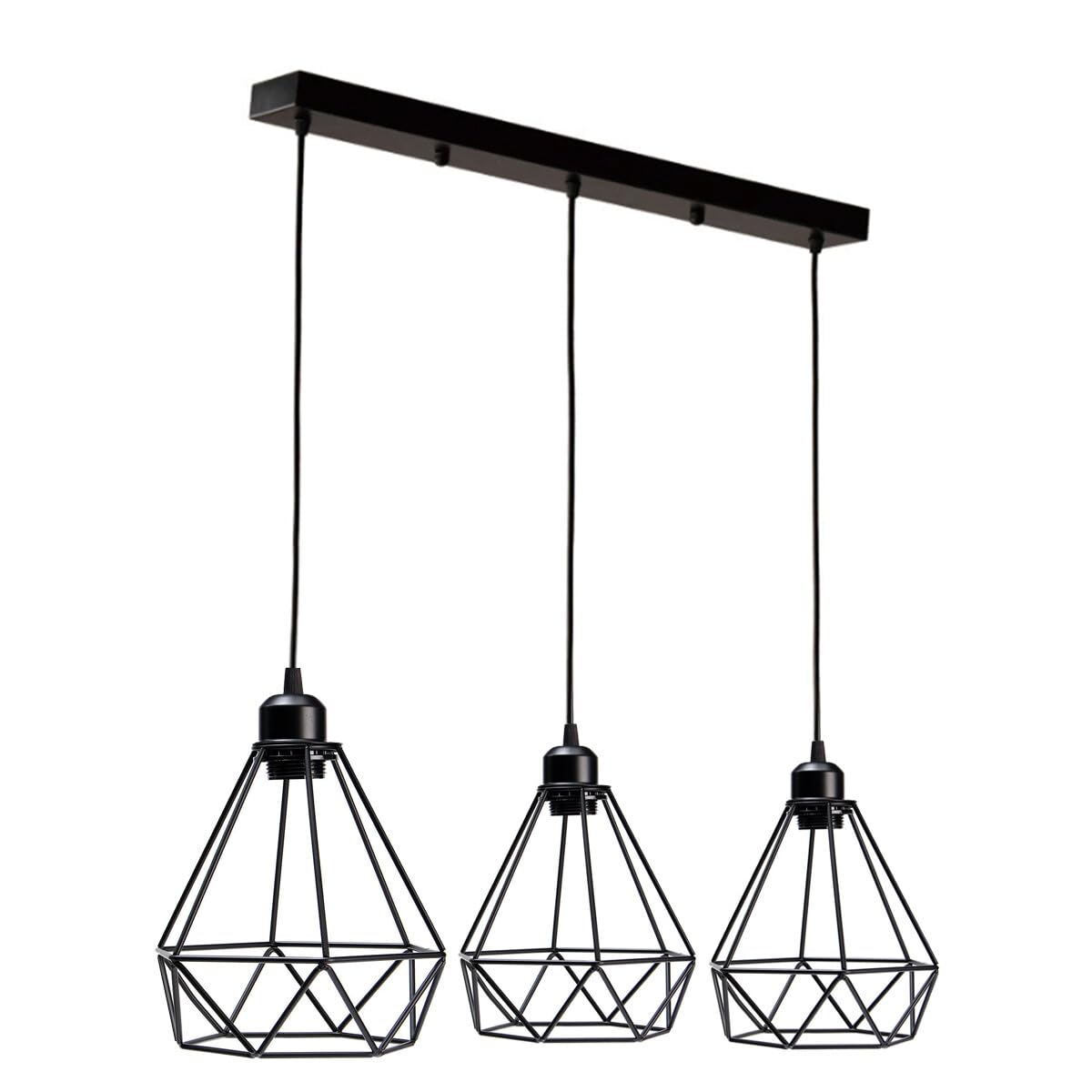 LEDSone Gabbia metallica industriale a 3 teste, lampada da soffitto con base E27 regolabile da 95 cm per sala da pranzo, camera da letto, bar (Nero)