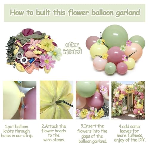 Image of Pastel Pink Yellow Green Balloon Arch with Artificial Flower Double Stuffed Dusty Green Pink Peach Mauve Balloon Garland Kit for Tea Party Wildflower Spring Birthday Baby Shower Fairy Party Decor