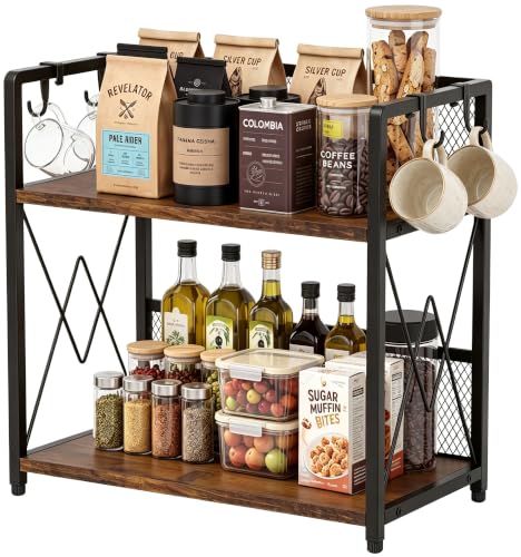 Coffee Bar Organizer, Coffee Shelf for Countertop, Kitchen Counter Shelf | Coffee Bar Accessories Sturdy Metal Frame & Wood, X-Shaped Support, for Coffee Station, Spice Rack, Bathroom Office, Brown