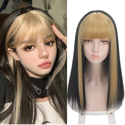 27.5 Inch/70 Cm Straight Yellow and Black Wig with Blonde Hair Bangs, Black Wig with Fringe, Blonde Wigs for Women, Blonde and Black Wig, Long Blonde Wig For Daily Party Cosplay Use