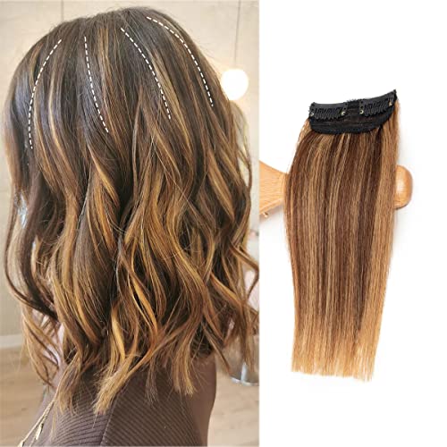 FEIPRO Real Remy Human Hair Clip in Hair Extensions Short Straight Thick Double Weft One Piece for Thinning Hair Invisible Hairpin Increase Women Hair Volume 10' #P4/27 Medium Brown/Dark Blonde
