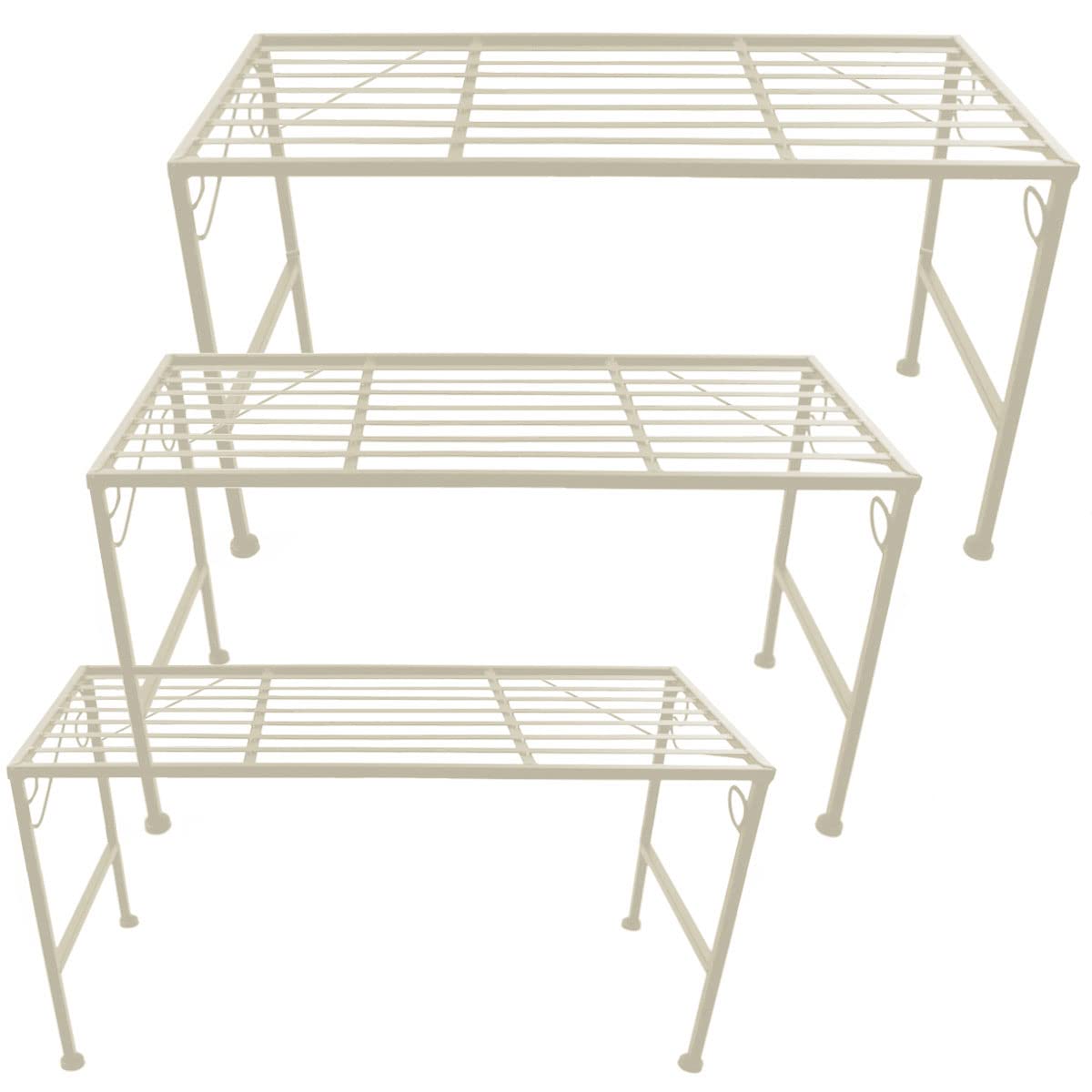 PrimoLiving P-14981 Metal XXL Flower Stairs 3-Piece Cream Folding 3-Tier Flower Bench Metal Bench Flower Shelf Outdoor Indoor Plant Stand Two Parts Plant Shelf for Balcony Patio Garden