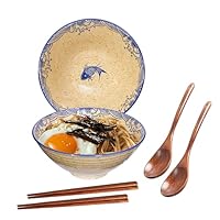 Ceraozmus 2 x 1200 ml Keramik-Ramenschalen,20 cm große japanische Nudelsuppenschüssel,übereinstimmen Essstäbchen und Löffeln,Geeignet für Pho,Udon asiatische Nudeln (Japanischer Fisch 2er-Set)