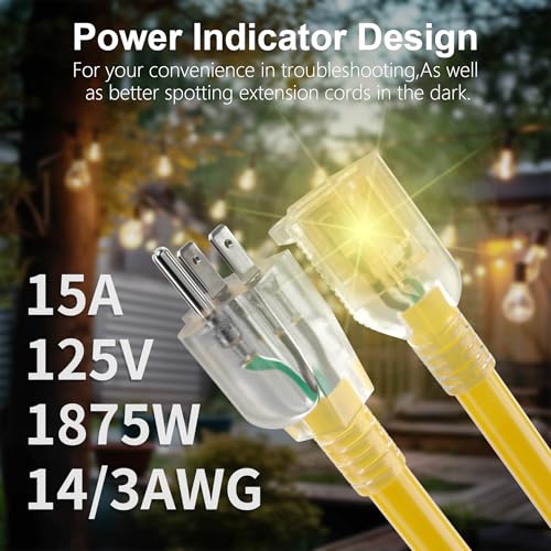 Image of HUANCHAIN 14 /3 Gauge 50FT Heavy Duty Outdoor Extension Cord Waterproof
