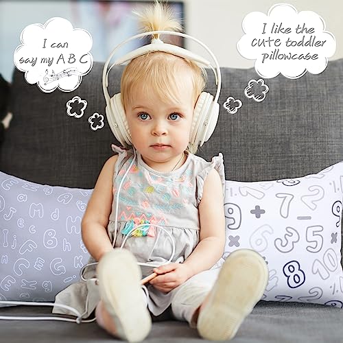Image of UOMNY Toddler Pillowcase 13 x 18 - Neutral Case for 14 x 19 12x18 Crib Pillows, Soft Travel Cover With Envelope Closure, Letters and Arabic Numerals, Small Baby Pillow Case, Grey White