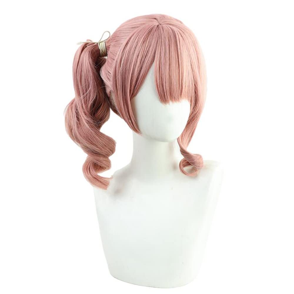 Mochizuki Honami Pink Brown Curly Ponytail Synthetic Hair Lifelike Anime Halloween Carnival Comic Exhibition Cosplay Hair Natural COS Ombre Wigs with Bangs