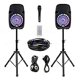 Seismic Audio - SA-KP10PG - Powered 10 Inch PA DJ Karaoke Party Speaker System with Stands - Bluetooth, LED Lights, Microphone, Cable and Remote