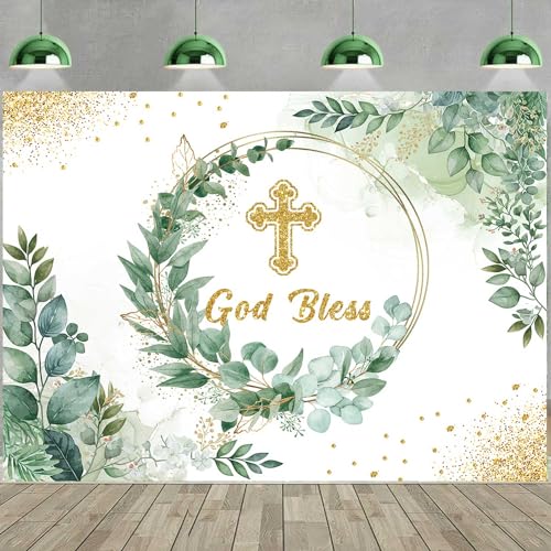 God Bless Backdrop First Communion Baptism Party Decorations 7x5FT Kids Green Eucalyptus Leaves Background Boy Girls Newborn Baby Shower Banner Decor Supplies Photo Props (84x60 inch)