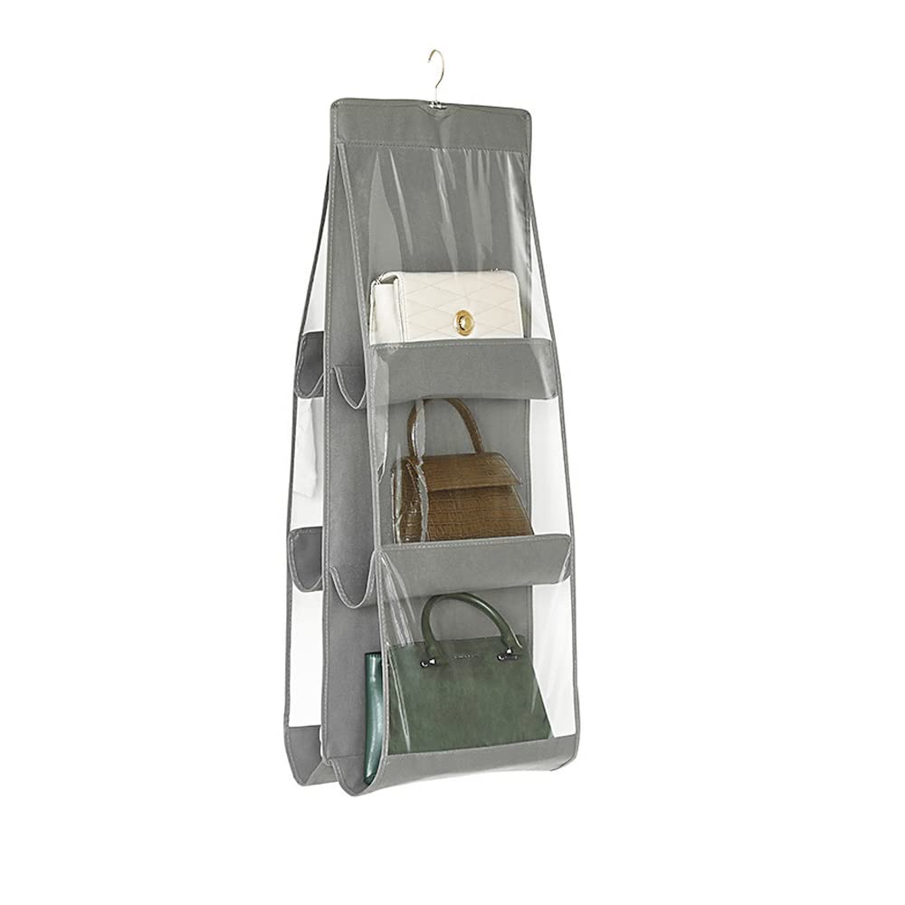 Shenhai Handbag Hanging Organizer, Foldable 6 Pocket Hanging Purse Organizer Handbag Storage Hanger for Family Closet Bedroom (1pcs Grey)