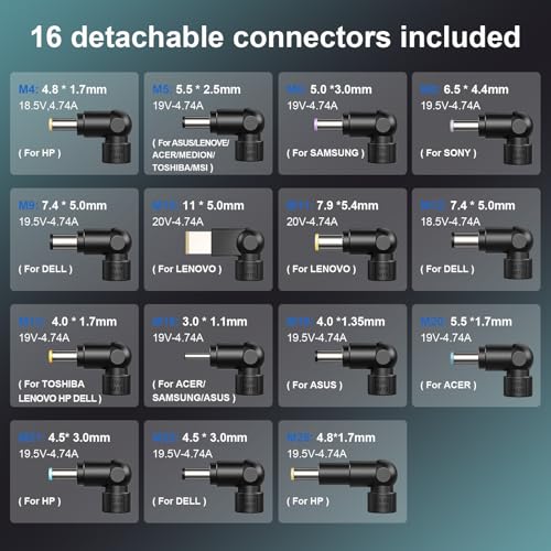 shefor 90W Uniwersalna ładowarka do laptopa Zasilacz kompatybilny z HP Lenovo Acer Asus Dell Toshiba Sony Samsung Fujitsu MSI Medion 15V 16V 18V 18.5V 19V 19.5V 20V z 15 adapterami