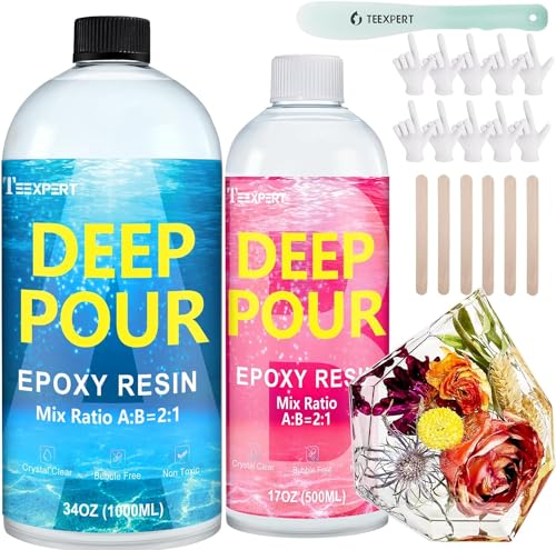 Teexpert Deep Pour Epoxy Resin 51oz/1.5L Crystal Clear Epoxy Resin Kit for 2-4 Pour Depths High Gloss Bubble-Free Casting Resin for Flower Preservation River Tables and Mold Crafts - 2:1 Mix Ratio