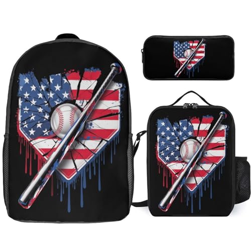 Baseball Home Plate Drip American Flag Game Day Backpack Set 3 Pieces Backpacks Lunch Bag Wallet For Travel Outdoor Sports