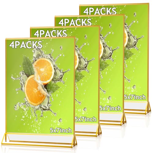 Cptoion 4 Pack Acrylic Sign Holder,5X7 Clear Acrylic Frames Display Stand,Gold Picture Frames,Double Sided Table Menu Holders Display for Wedding Table Number, Restaurant Recipe, Photo (5X7 Inch)