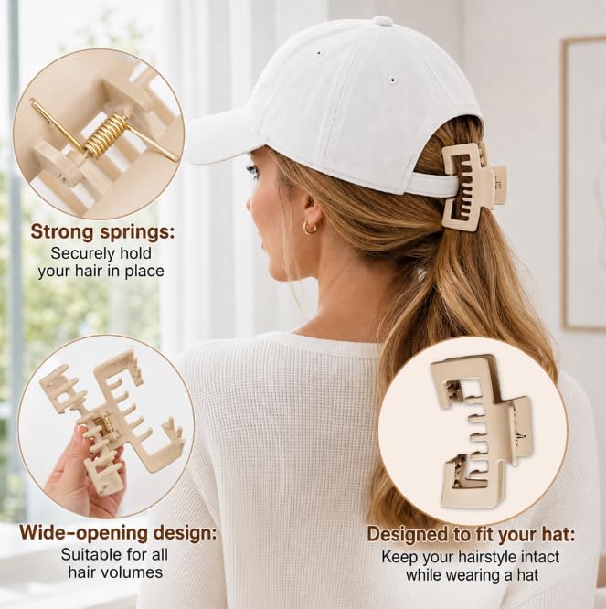 4 pcs Hat-Friendly Claw Clips for Baseball Cap & Trucker Hat,4.1 inch Large Strong Trucker Hat Claw Clips,Hair Accessories Gift for Thick Hair