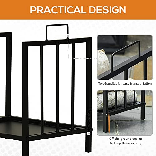 Outsunny Metal Firewood Log Holder Indoor Outdoor Firewood Rack Fireplace Wood Storage Shelf w/Handles, Rust-Resistant, Black, 42L x 32.5W x 46Hcm