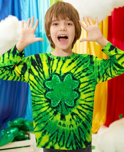 Image of Unisex Kids St. Patrick's Tie Dye Irish Clover Long Sleeve Shirt Shamrock Green Sweatshirt 6-14 Years