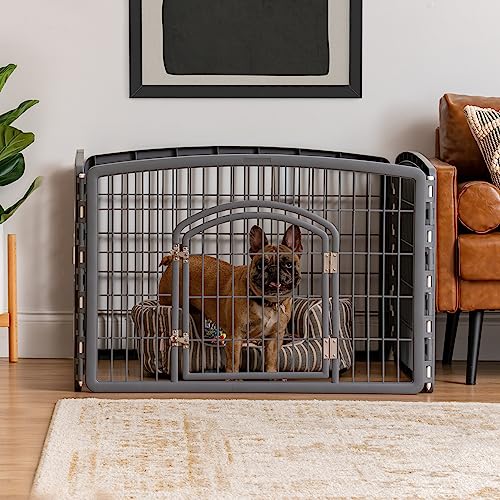 Image of IRIS USA 4-Panel Dog Playpen, Pet Enclosure, Gray | Puppy Training, Custom Pen Configuration, Multi-Shape Setup, Flexible Boundary, Secure Door Latch, Stable Non-Tip Base