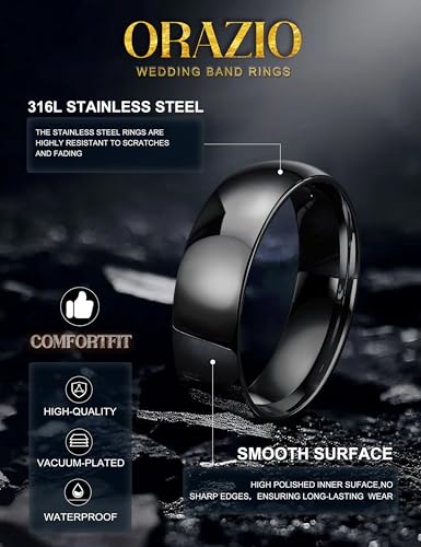 Image of ORAZIO Stainless Steel Rings for Men Women 6MM 8MM Wedding Band Rings Silver /Black /Gold Domed High Polished Basic Wedding Bands Comfort Fit Size 6-14