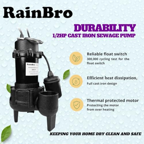 Rainbro 3/4Hp Submersible Sewage Pump, Quiet Operation, Cast Iron Effluent Pump With 10 Ft. Piggy Back Tether Float Switch, 2'' Npt Discharge, 115V - Ideal For Sump Basin & Residential Sewage thumb #1