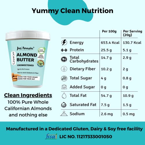 Image of Jus' Amazin Crunchy Almond Butter - Unsweetened (1 Kg Tub) | 25% Protein | Only Whole Almonds (100% Pure) | Zero Additives | 100% Natural | Dairy Free | Keto | Plant Based Nutrition | Clean Nutrition
