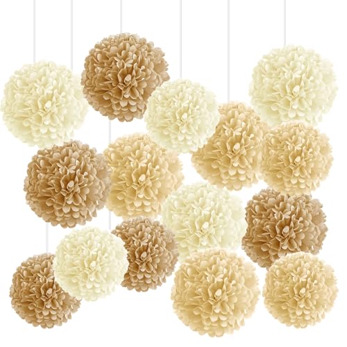 15 Pièces Pompon papier De Soie Decoration Mariage Boheme, 20/25cm Papier Fleur Pompon Brun, Beige, Blanc Boule papier Decorations Pour Wedding Party...