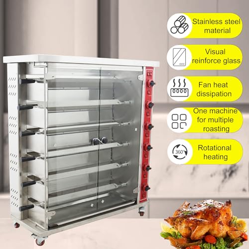 HQHAOTWU LPG Chicken Rotisserie Machine 6-Roller Automatic Rotary Roaster Stainless Steel Rotating Rotisserie Oven Automatic Rotary Grill for Chicken, Duck Temperature Adjustable 110V