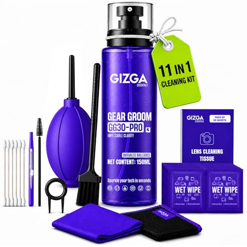 Gizga Pro Series 11-in-1 Cleaning KIT - 150ml Cleaning Spray, Air Blower, 50-Lens Tissues, Swabs & Wipes, Brushes, Key Puller, Microfiber Cloths & Mor