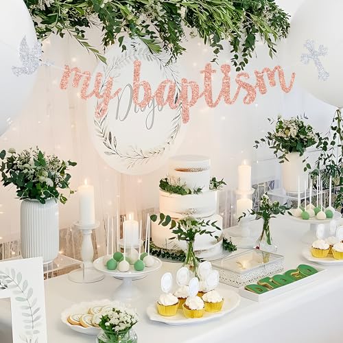 Image of Goilpanitdia My Baptism Banner, Religious Baptism Baby Shower Banner | Rose Gold Glitter, Bless This Child, God Bless, Confirmation, Christening, Baby 1st Birthday Supplies