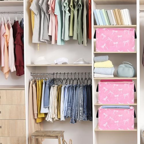 Image of Baby Storage Basket Nursery Box Laundry Hamper Organization Bins for Toys and Clothes with Handles (Pink Bow)
