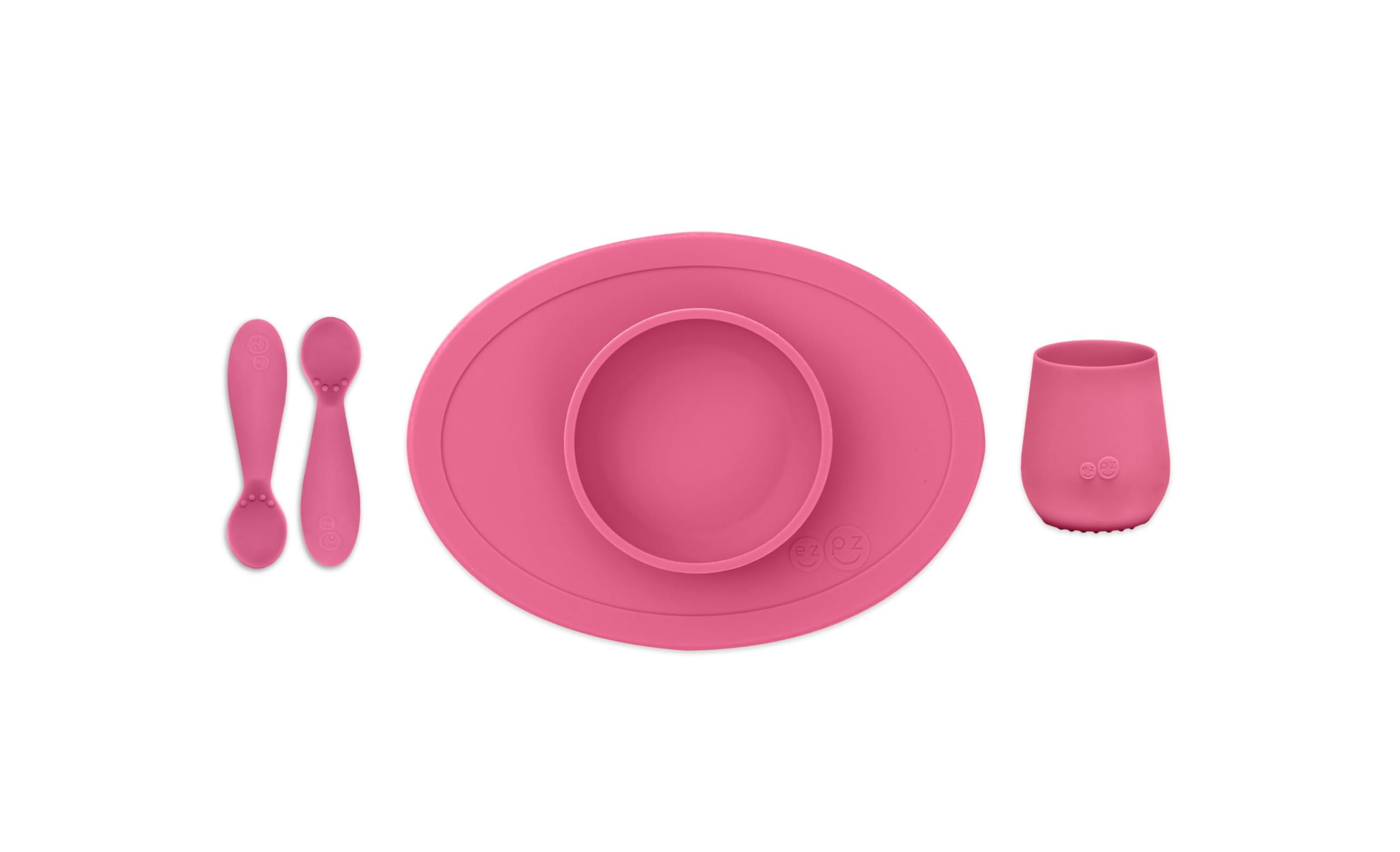 ezpz First Food Set - 100% Food Grade Silicone Suction Bowl with Built-in Placemat, Training Cup & Spoon - Designed by a Pediatric Feeding Specialist - Promotes Self Feeding - 6 Months+ (Pink)-image-32