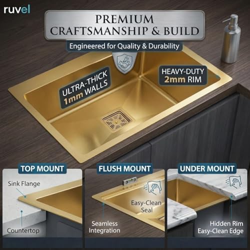 Image of RUVEL Kitchen Sink 24 inchx18 inchx9 inch | Premium Handmade 304 Grade Stainless Steel Single Bowl | Heavy Duty, Rust & Scratch Resistant | Includes Waste Coupling, Drain Rack & Hose Pipes | Gold - Matt Finish